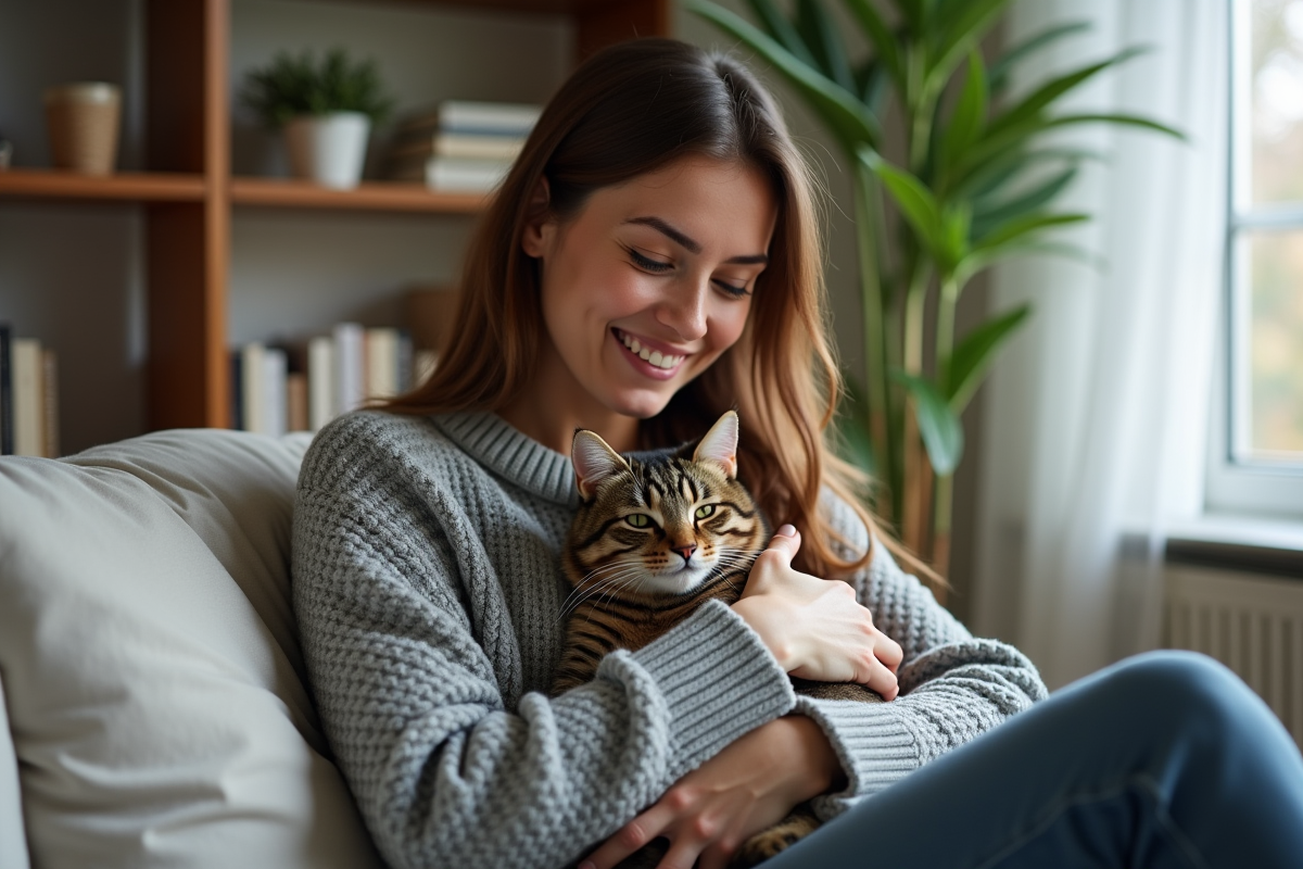 Femme avec chat dans un salon chaleureux et moderne