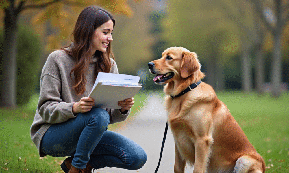 Jeune femme avec chien dans un parc urbain pour assurance