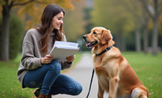 Jeune femme avec chien dans un parc urbain pour assurance