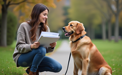 Jeune femme avec chien dans un parc urbain pour assurance