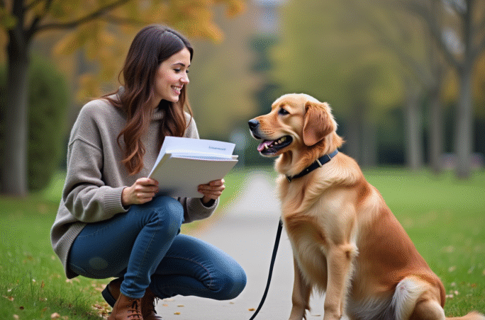 Jeune femme avec chien dans un parc urbain pour assurance