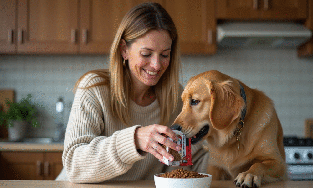 Femme avec chien golden retriever dans la cuisine moderne