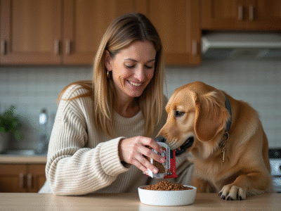 Femme avec chien golden retriever dans la cuisine moderne