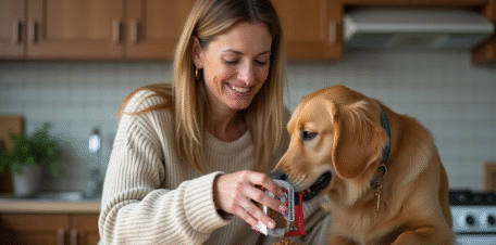 Femme avec chien golden retriever dans la cuisine moderne
