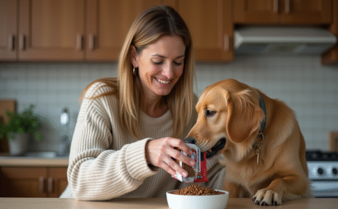 Femme avec chien golden retriever dans la cuisine moderne