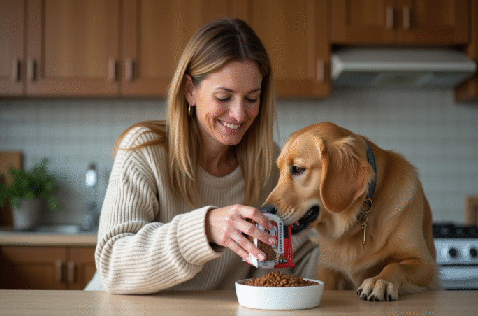 Femme avec chien golden retriever dans la cuisine moderne