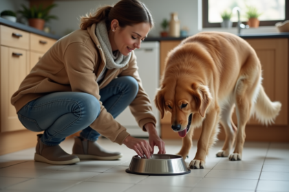 Femme avec son chien golden retriever près d'une gamelle en cuisine