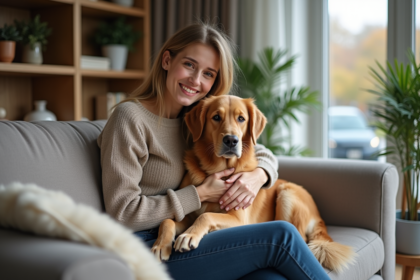 Femme souriante avec un golden retriever sur ses genoux dans un salon