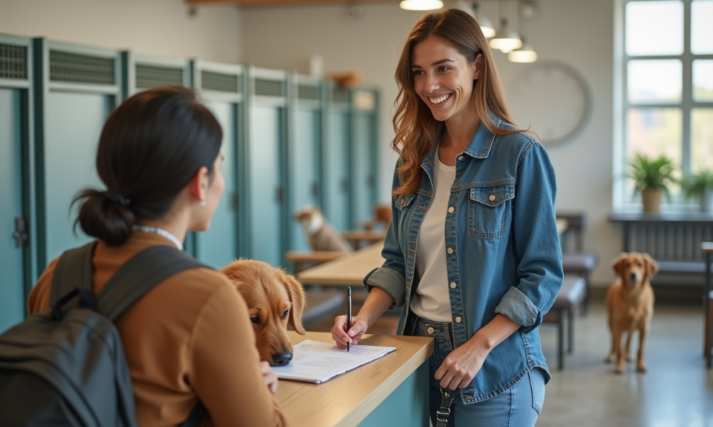 Femme souriante avec son chien dans une pension moderne
