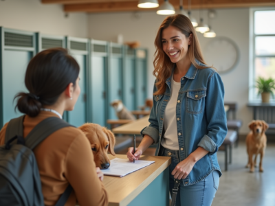 Femme souriante avec son chien dans une pension moderne