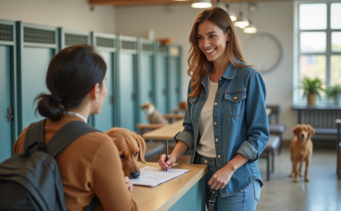 Femme souriante avec son chien dans une pension moderne
