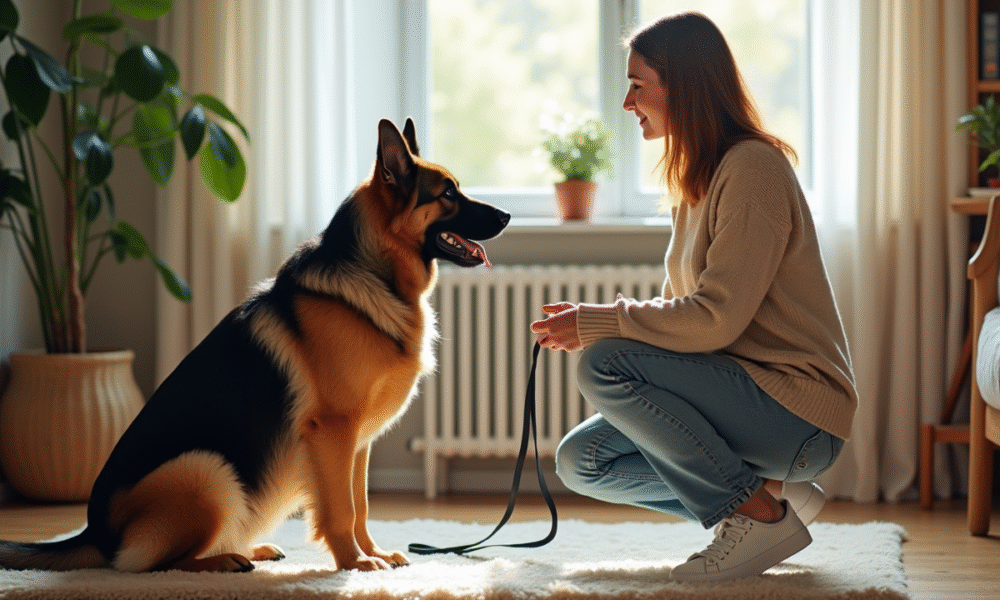 Femme avec chien allemand en intérieur calme et chaleureux