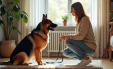 Femme avec chien allemand en intérieur calme et chaleureux