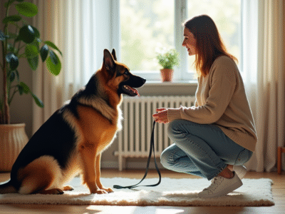 Femme avec chien allemand en intérieur calme et chaleureux