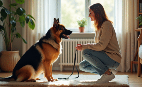Femme avec chien allemand en intérieur calme et chaleureux