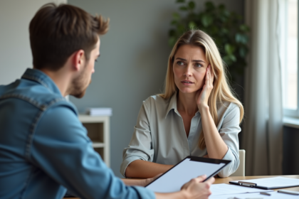 Femme d'âge moyen parlant avec un agent d'assurance au bureau