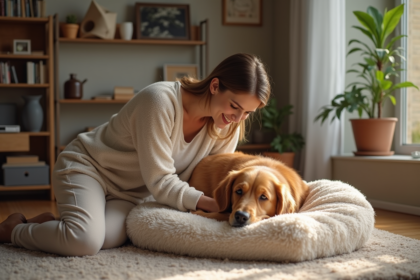 Femme en pyjama douceur tute son chien dans un lit