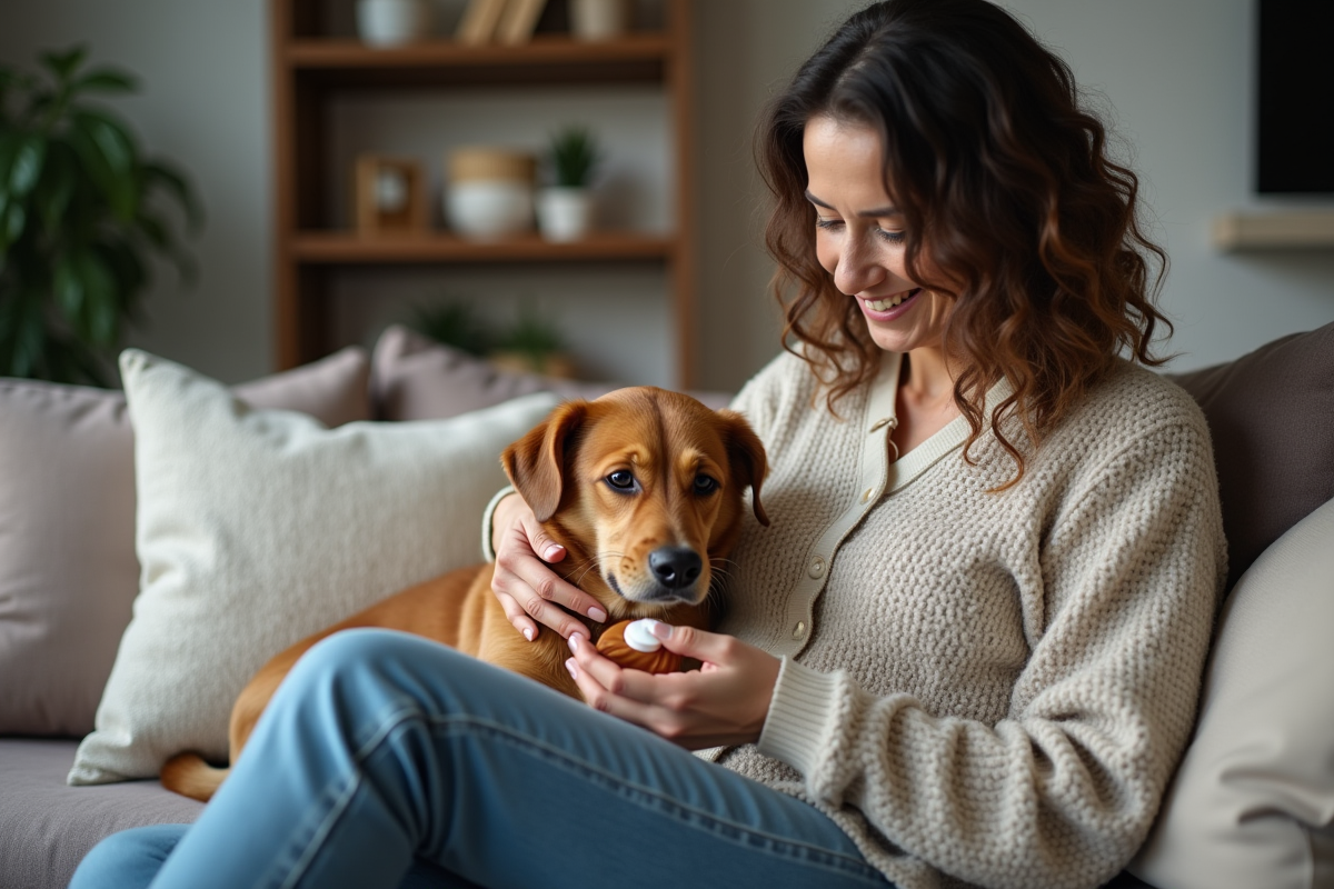 Femme assise avec son chien sur un canapé moderne