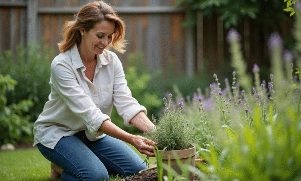 Femme au jardin saupoudrant du romarin et de la lavande