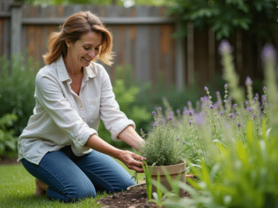 Femme au jardin saupoudrant du romarin et de la lavande