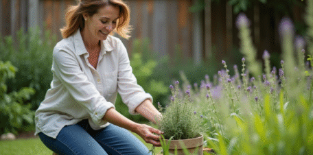 Femme au jardin saupoudrant du romarin et de la lavande