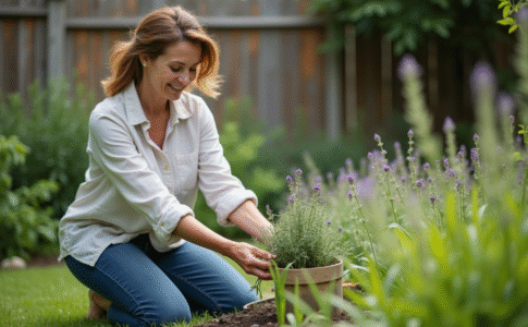 Femme au jardin saupoudrant du romarin et de la lavande