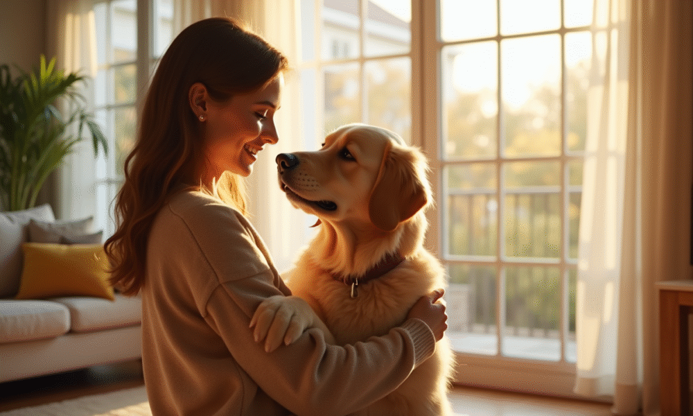 Jeune femme heureuse embrassant son chien dans un salon lumineux