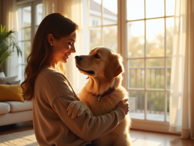 Jeune femme heureuse embrassant son chien dans un salon lumineux