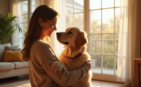 Jeune femme heureuse embrassant son chien dans un salon lumineux