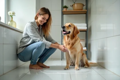 Femme lavant son chien golden retriever dans la salle de bain
