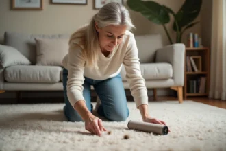 Femme à la maison nettoyant un tapis avec rouleau adhésif