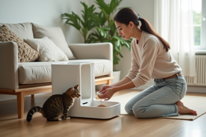 Jeune femme versant du grain dans une litière pour chat