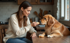 Femme assise à la maison offrant du pain à son chien golden retriever