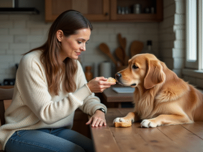 Femme assise à la maison offrant du pain à son chien golden retriever