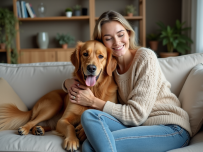 Femme et golden retriever sur canapé dans un salon chaleureux