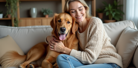 Femme et golden retriever sur canapé dans un salon chaleureux