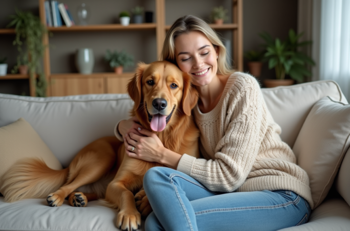 Femme et golden retriever sur canapé dans un salon chaleureux