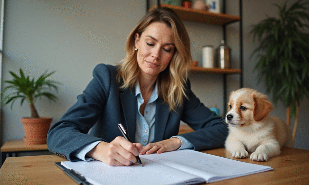 Femme concentrée avec chien à ses côtés lors de travail intérieur