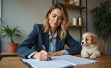 Femme concentrée avec chien à ses côtés lors de travail intérieur