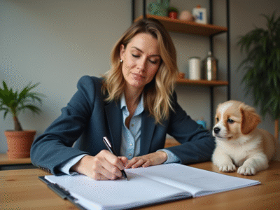 Femme concentrée avec chien à ses côtés lors de travail intérieur