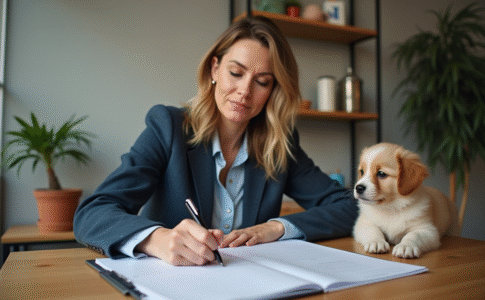Femme concentrée avec chien à ses côtés lors de travail intérieur