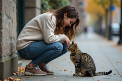 Jeune femme avec chat dans la ville automnale