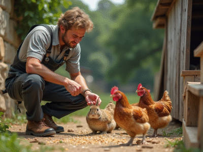 Jeune fermier français distribuant du grain aux poules