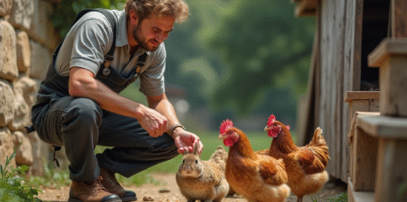 Jeune fermier français distribuant du grain aux poules