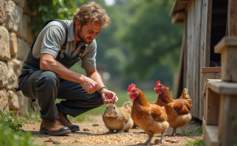 Jeune fermier français distribuant du grain aux poules