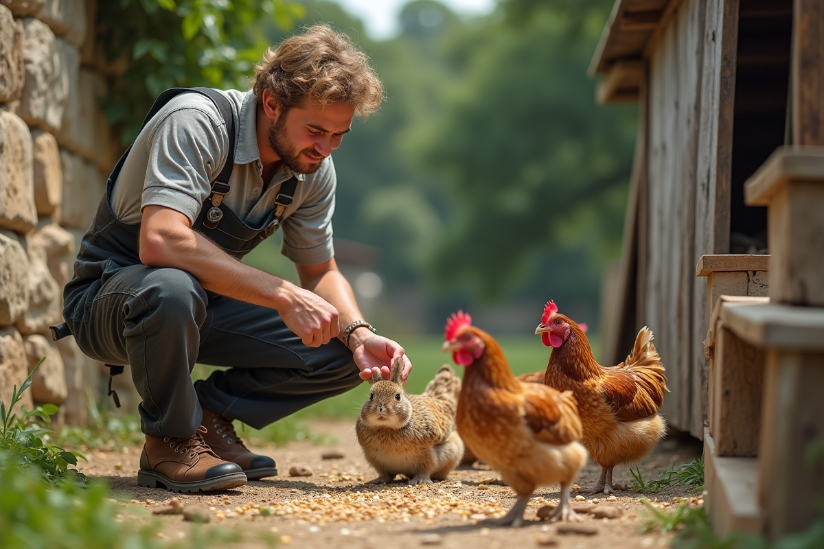 Jeune fermier français distribuant du grain aux poules