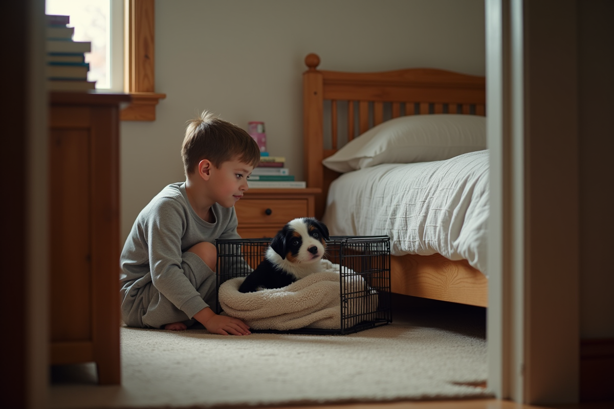 Garçon regardant un chiot dans une cage dans sa chambre