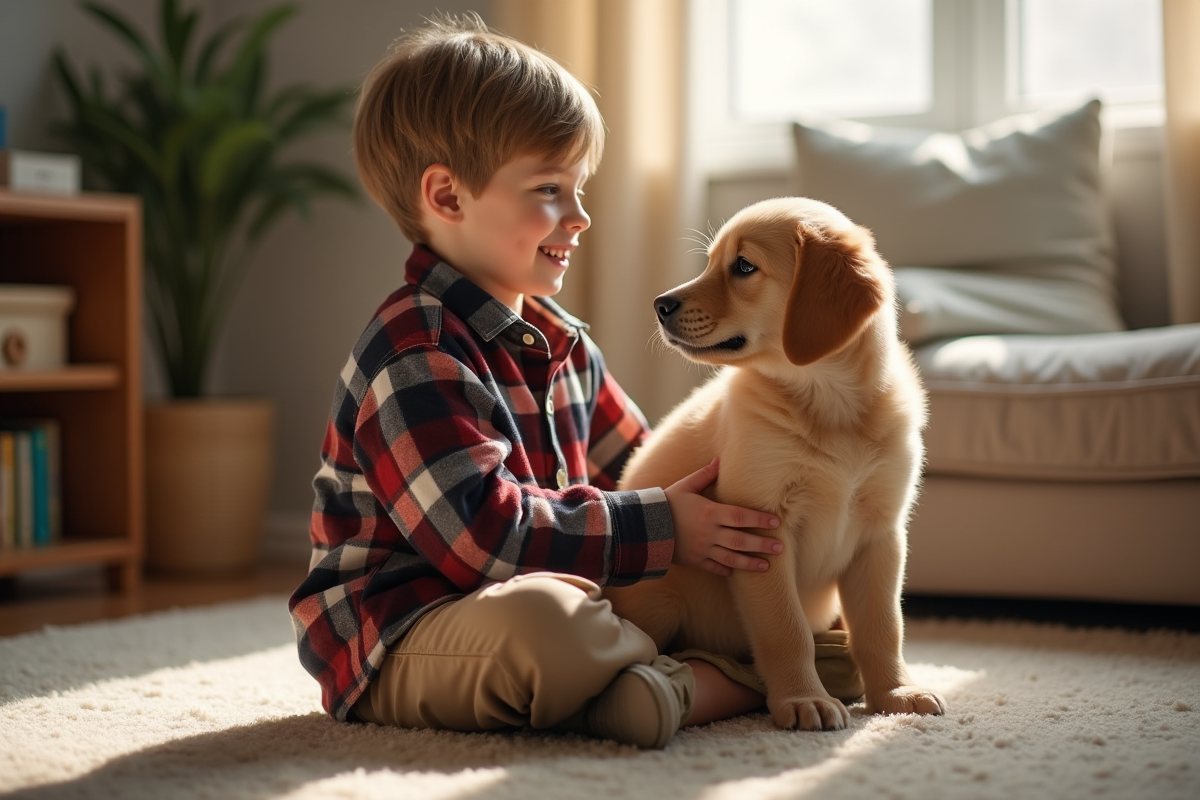 Jeune garçon avec chiot retriever dans salon chaleureux