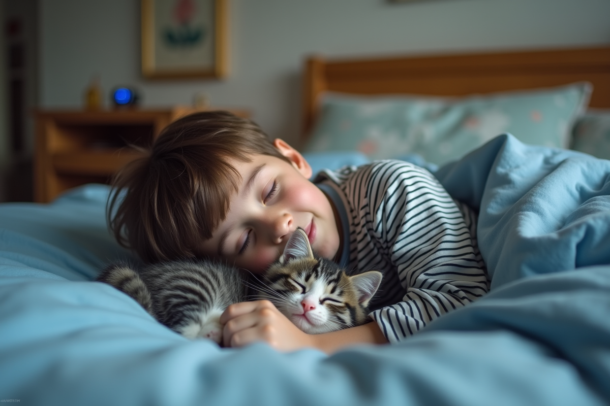 Garçon de 10 ans avec un chaton sur la poitrine
