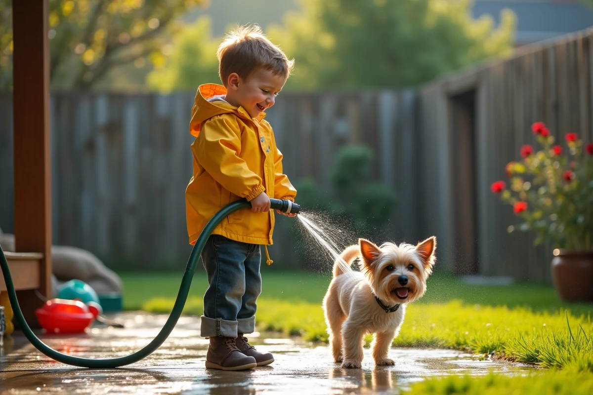 Garçon rinçant son chien dans le jardin en été